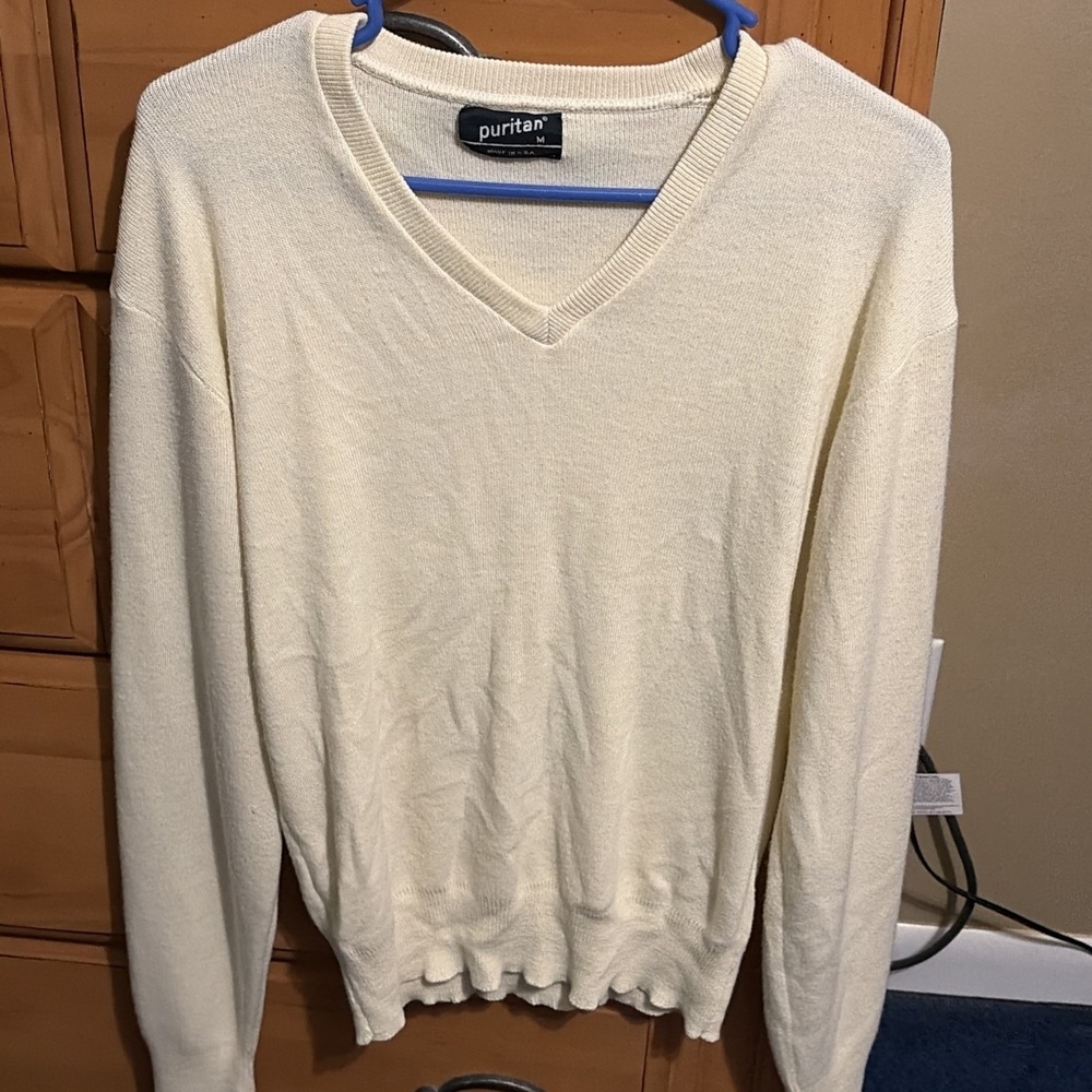 Men's Puritan V Neck Sweater, Cream Color Size Medium, Men's Sweaters Preppy